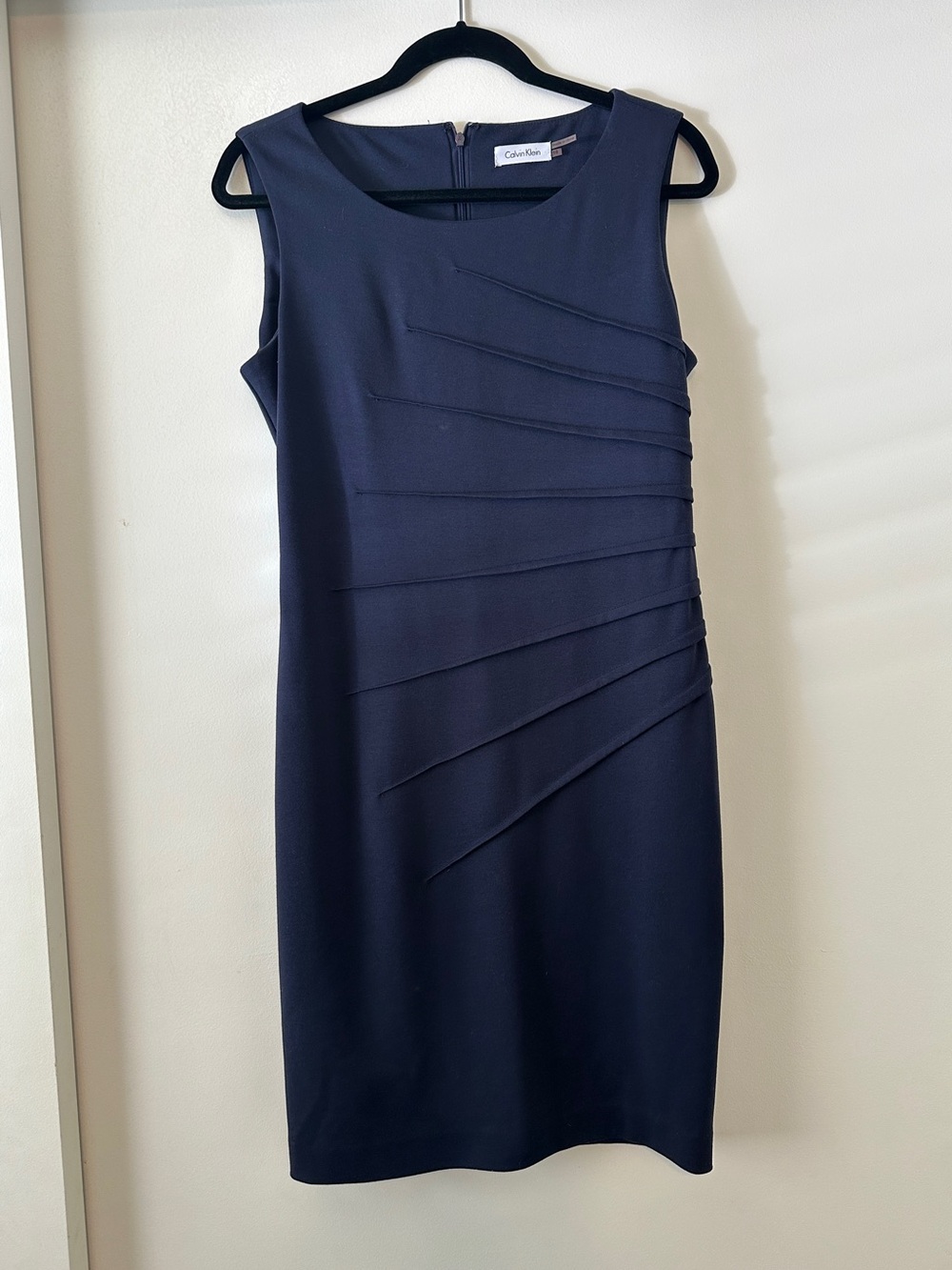 Calvin Klein Blue Asymmetrical Pleated Sheath Dress